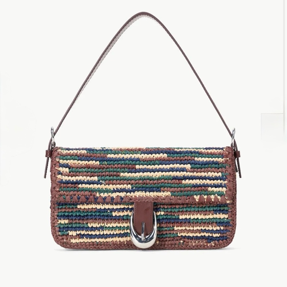 Staud Harlow Woven Multicolor Shoulder Bag with Brown Trim & Silver Buckle NWT